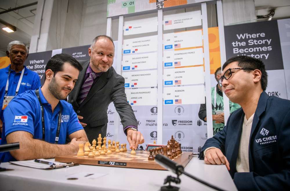 Roberto Sanchez Alvarez playing against Wesley So at the 2024 Chess Olympiad in Budapest